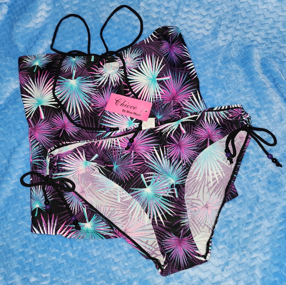 NWT Blue Wave Two Piece Black Patterned Swimsuit, 14